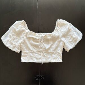 Japna Cream Puff Sleeved Eyelet Crop Top